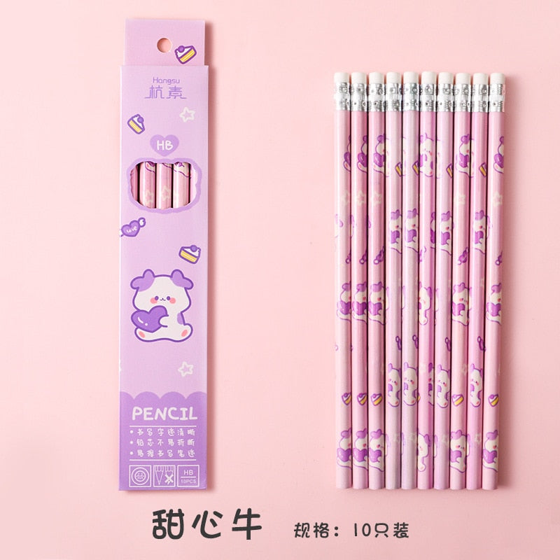 10 Pcs/Set Cartoon HB Standard Sketch Pencil Set Wooden Pencil Lot Cartoon Art Supplies Stationery Gift for Student Kids School 4-cow