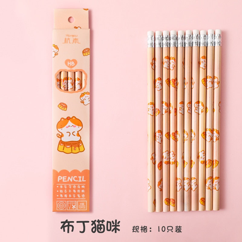 10 Pcs/Set Cartoon HB Standard Sketch Pencil Set Wooden Pencil Lot Cartoon Art Supplies Stationery Gift for Student Kids School 1-cat