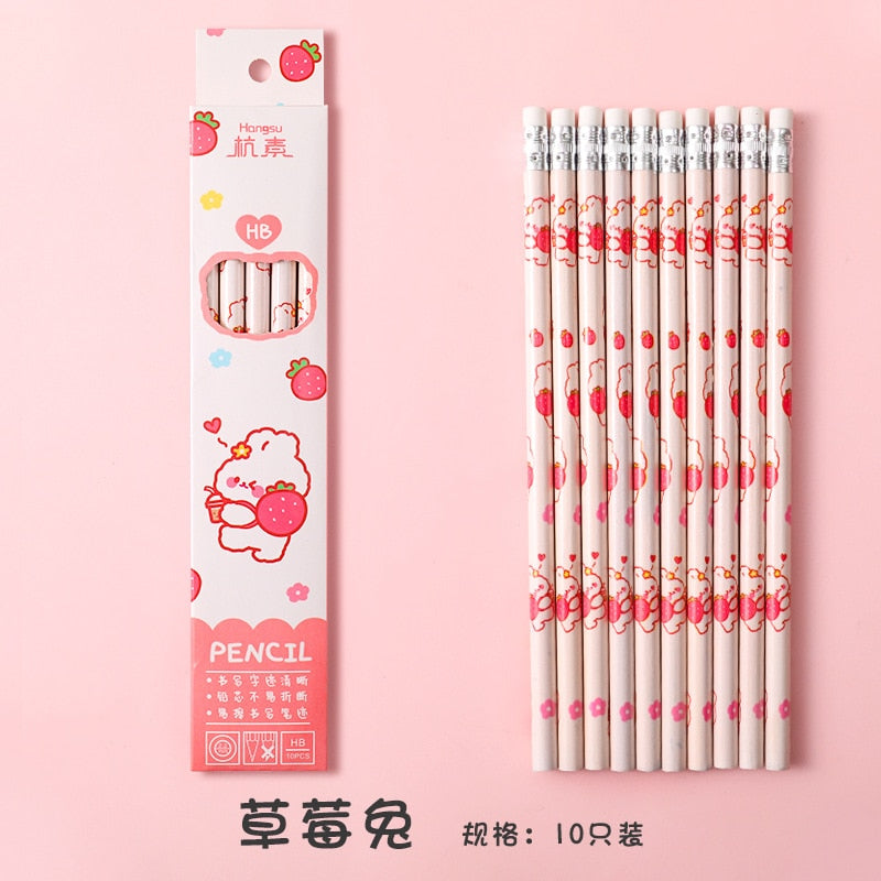 10 Pcs/Set Cartoon HB Standard Sketch Pencil Set Wooden Pencil Lot Cartoon Art Supplies Stationery Gift for Student Kids School 2-rabbit