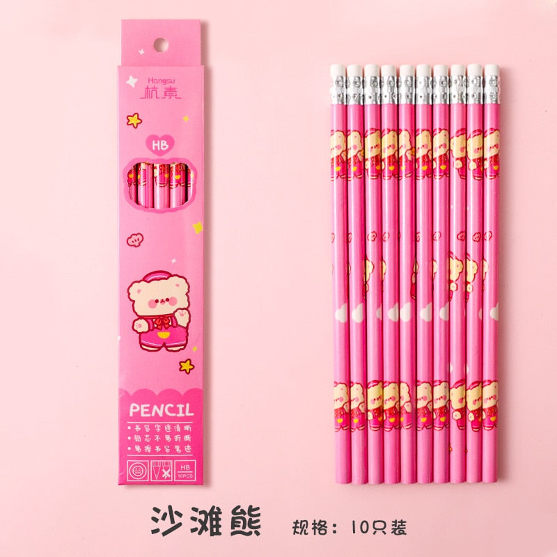 10 Pcs/Set Cartoon HB Standard Sketch Pencil Set Wooden Pencil Lot Cartoon Art Supplies Stationery Gift for Student Kids School 3-bear