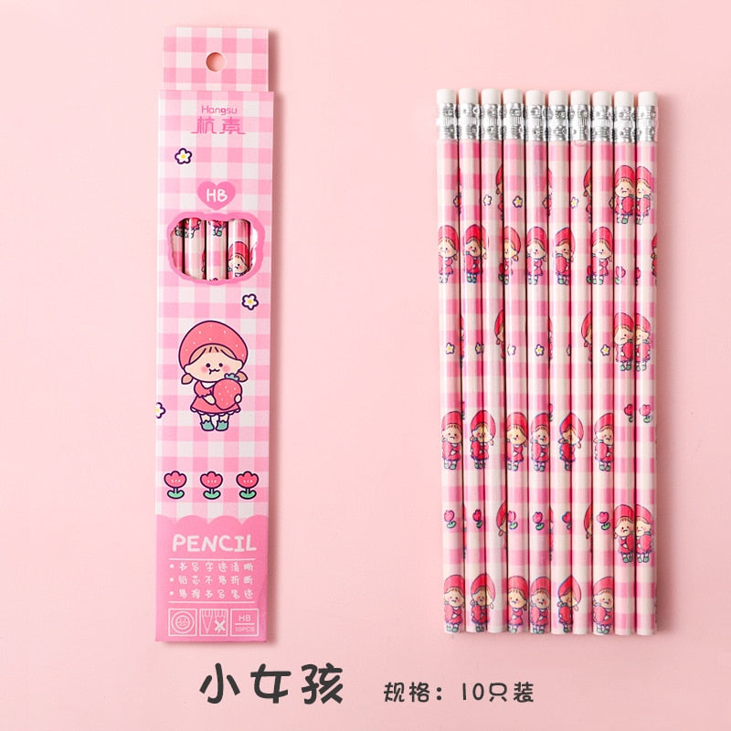 10 Pcs/Set Cartoon HB Standard Sketch Pencil Set Wooden Pencil Lot Cartoon Art Supplies Stationery Gift for Student Kids School 7-little girl