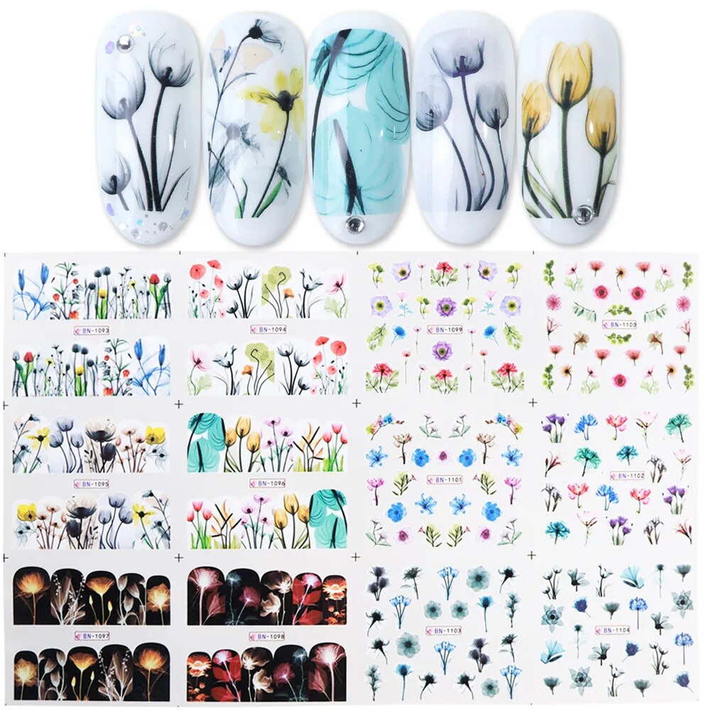 12pcs Valentines Manicure Love Letter Flower Sliders for Nails Inscriptions Nail Art Decoration Water Sticker Tips GLBN1489-1500 BN1093-1104