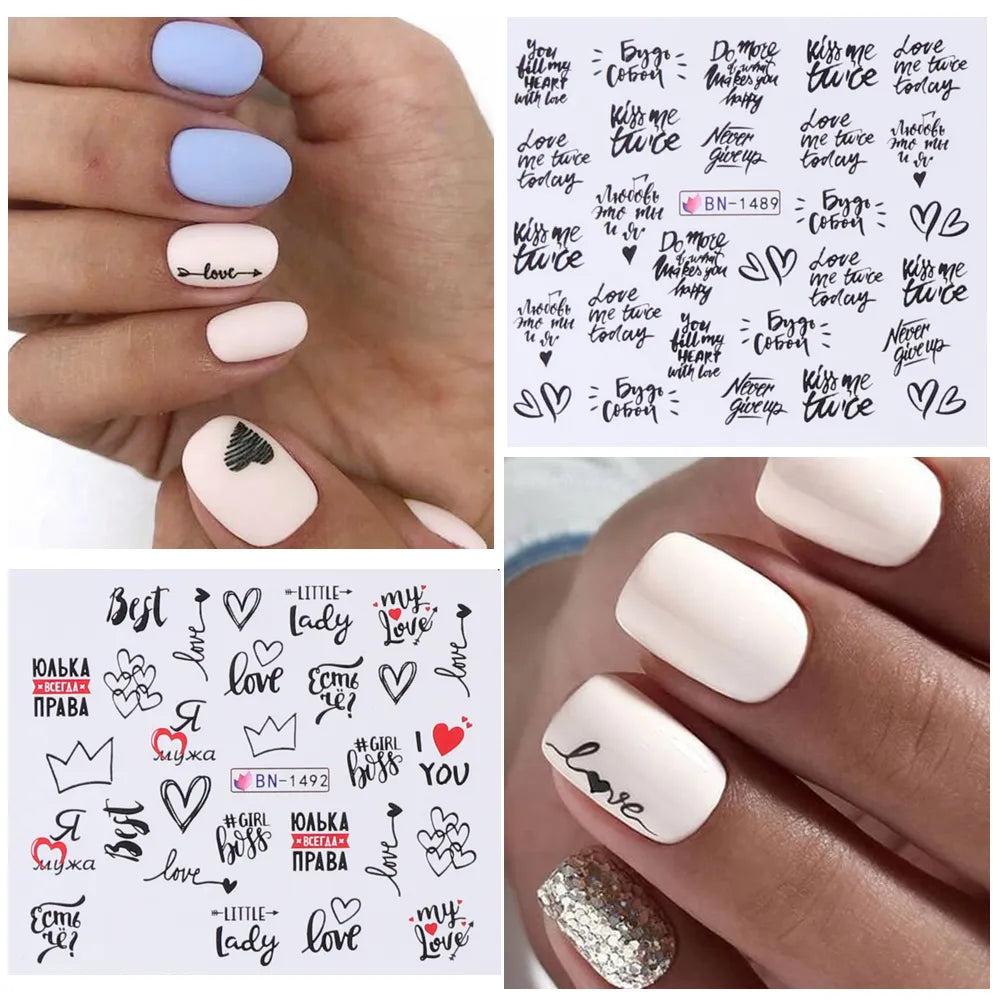 12pcs Valentines Manicure Love Letter Flower Sliders for Nails Inscriptions Nail Art Decoration Water Sticker Tips GLBN1489-1500