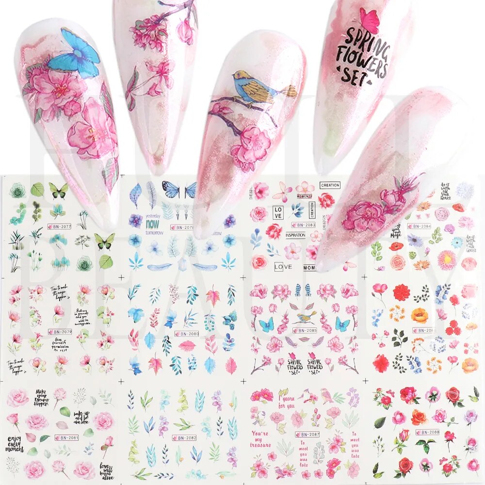 12pcs Valentines Manicure Love Letter Flower Sliders for Nails Inscriptions Nail Art Decoration Water Sticker Tips GLBN1489-1500 BN2077-2088