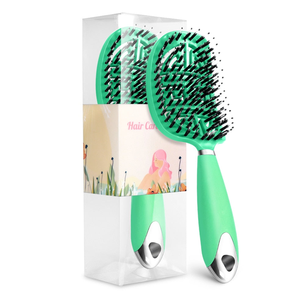 1Pc Curved Vented Hair Comb Massage Hair Brush Detangling Hairbrush Women Fast Blow Drying Wet Dry Curly Hair Styling Tools Green