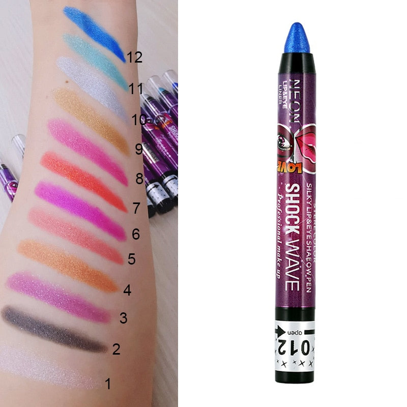 2 In 1 Eyeshadow Lipstick Pencil 12 Colors Waterproof Pearl Silkworm Eye Shadow Pencil Long-lasting Eyeshadow Make Up Cosmetic