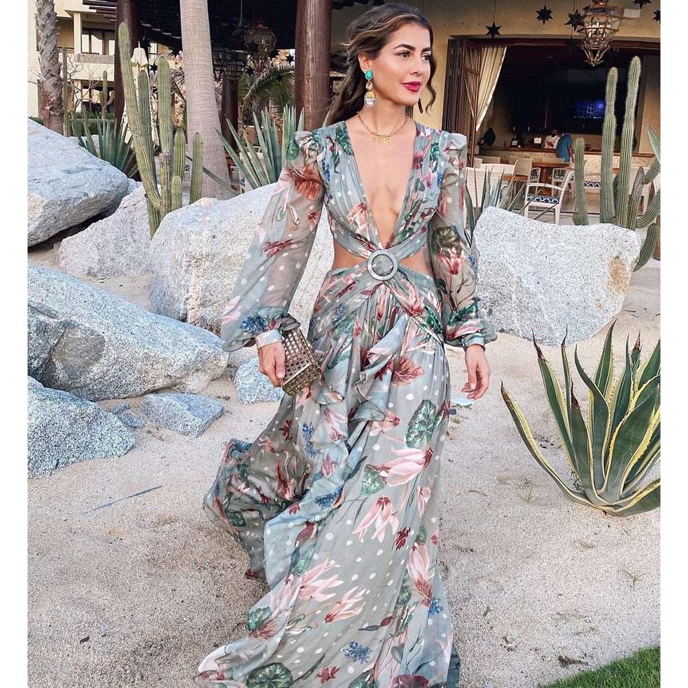 2023 Beach Dress Summer Floral Swimsuit Print Belt Bathing Suit Women Long Cover Up Off Shoulder Beachwear Bandeau Halt Swimsuit