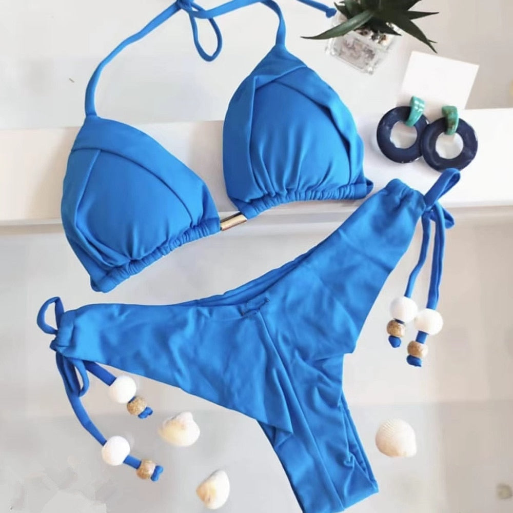 2023 Bikini Micro Sexy Bandage Swimsuit Women Push Up Swimwear Two Piece Bikini Set Solid Bather Bathing Suit Swim Suit Female blue
