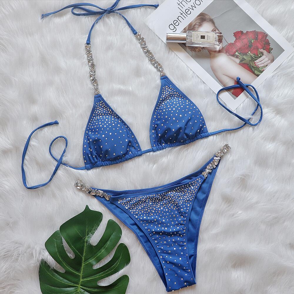 2023 Diamond Bikini Female Swimsuit Women Swimwear Two-pieces Thong Bikini Set Backless Bathing Suit Blue