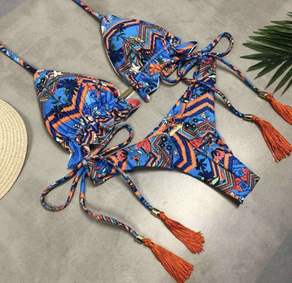 2023 Girls Ties Halter Brazilian Push Up Bikini Tassels Biquini Swimwear Strappy Bandage Swimsuit Beach Wear Bathing Suit Women S~XL MK18