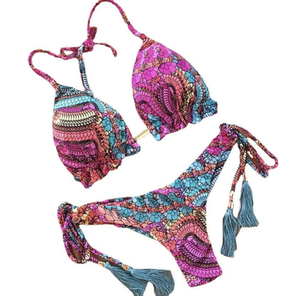 2023 Girls Ties Halter Brazilian Push Up Bikini Tassels Biquini Swimwear Strappy Bandage Swimsuit Beach Wear Bathing Suit Women S~XL