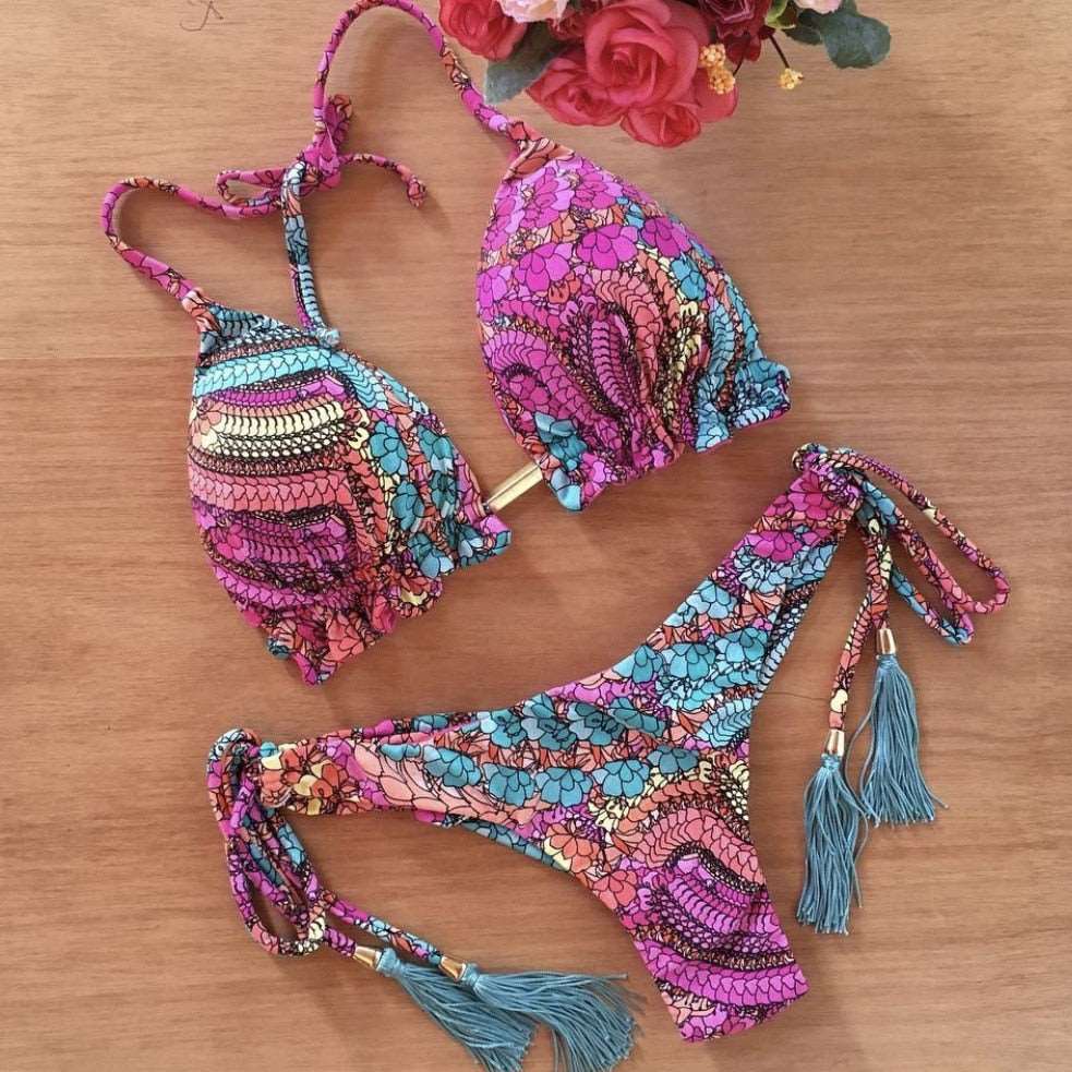 2023 Girls Ties Halter Brazilian Push Up Bikini Tassels Biquini Swimwear Strappy Bandage Swimsuit Beach Wear Bathing Suit Women S~XL MK21