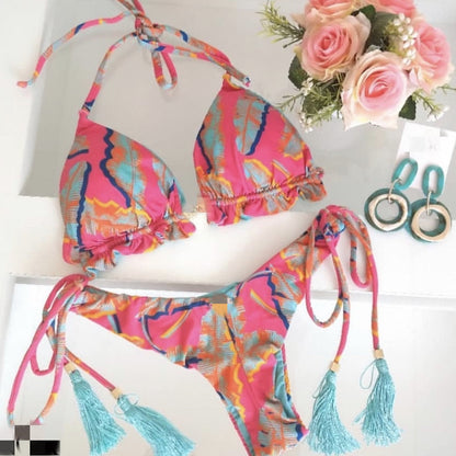 2023 Girls Ties Halter Brazilian Push Up Bikini Tassels Biquini Swimwear Strappy Bandage Swimsuit Beach Wear Bathing Suit Women S~XL MK10