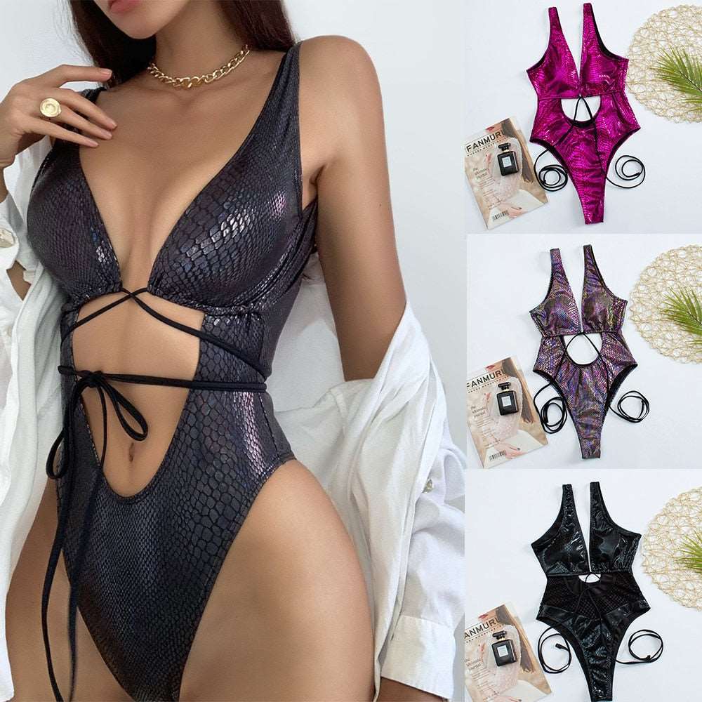 2023 Hot Sale Sexy Club Wear Hollow Out Sexy One Piece Swimsuit Women Bikini Snake Skin Woman Swimwear Beachwear Bathing Suit