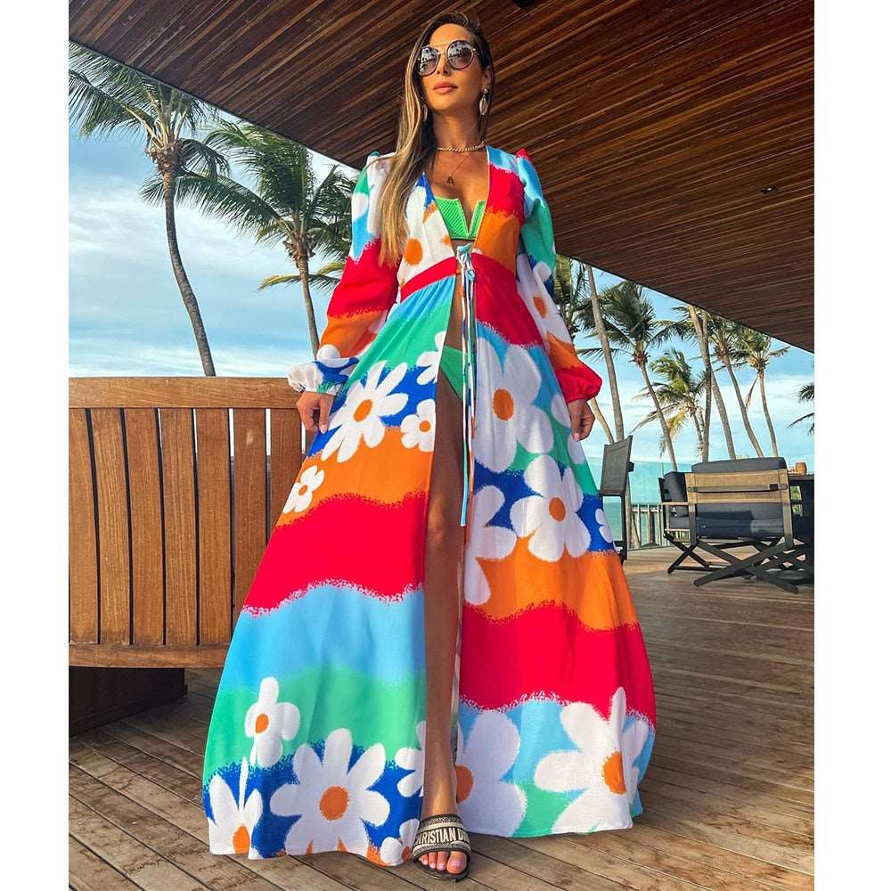 2023 Leaves Print Bikini Beach Cover up Tunics for Beach Long Kaftan Bikini Cover up Robe de Plage Sarong Beach Swimsuit cover-ups TZ21133C30 One Size