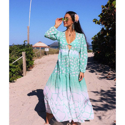 2023 Leaves Print Bikini Beach Cover up Tunics for Beach Long Kaftan Bikini Cover up Robe de Plage Sarong Beach Swimsuit cover-ups TZ21133G20 One Size