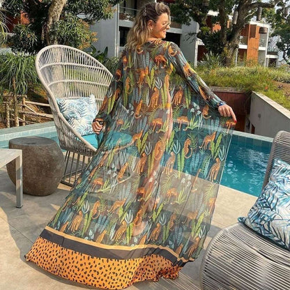 2023 Leaves Print Bikini Beach Cover up Tunics for Beach Long Kaftan Bikini Cover up Robe de Plage Sarong Beach Swimsuit cover-ups TZ21133D80 One Size