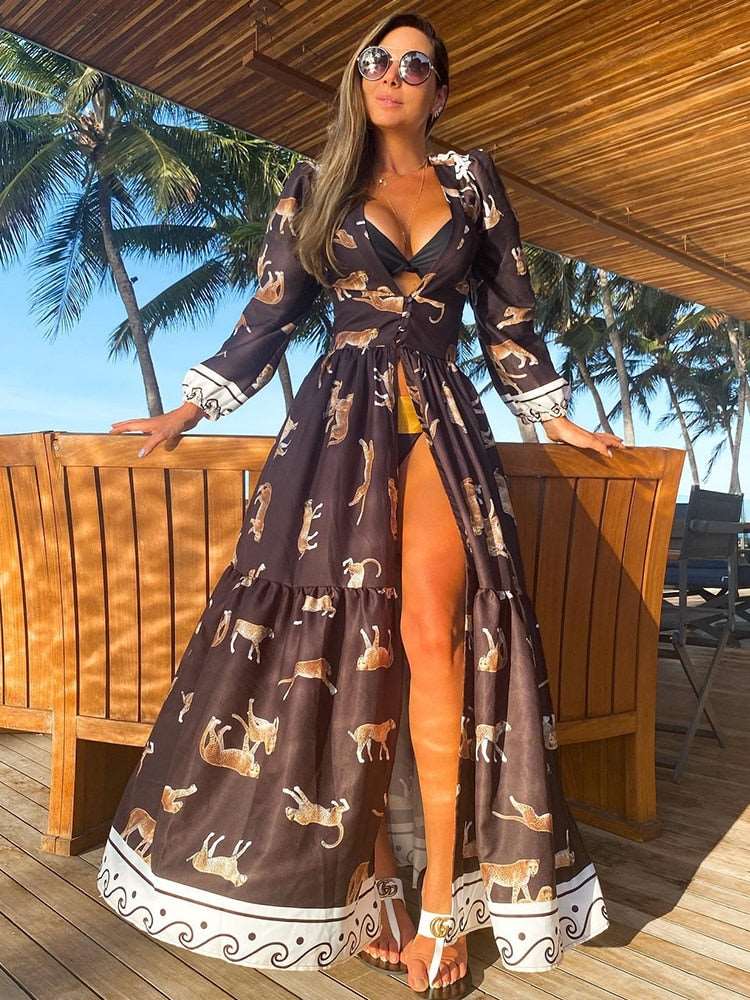 2023 Leaves Print Bikini Beach Cover up Tunics for Beach Long Kaftan Bikini Cover up Robe de Plage Sarong Beach Swimsuit cover-ups TZ21133BZ0 One Size