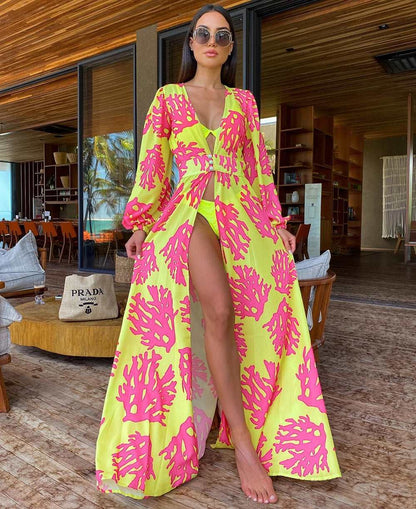 2023 Leaves Print Bikini Beach Cover up Tunics for Beach Long Kaftan Bikini Cover up Robe de Plage Sarong Beach Swimsuit cover-ups TZ21133Y50 One Size