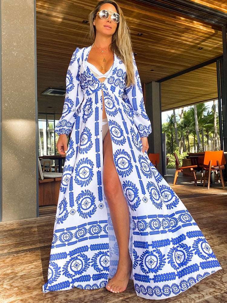 2023 Leaves Print Bikini Beach Cover up Tunics for Beach Long Kaftan Bikini Cover up Robe de Plage Sarong Beach Swimsuit cover-ups TZ21133WD0 One Size