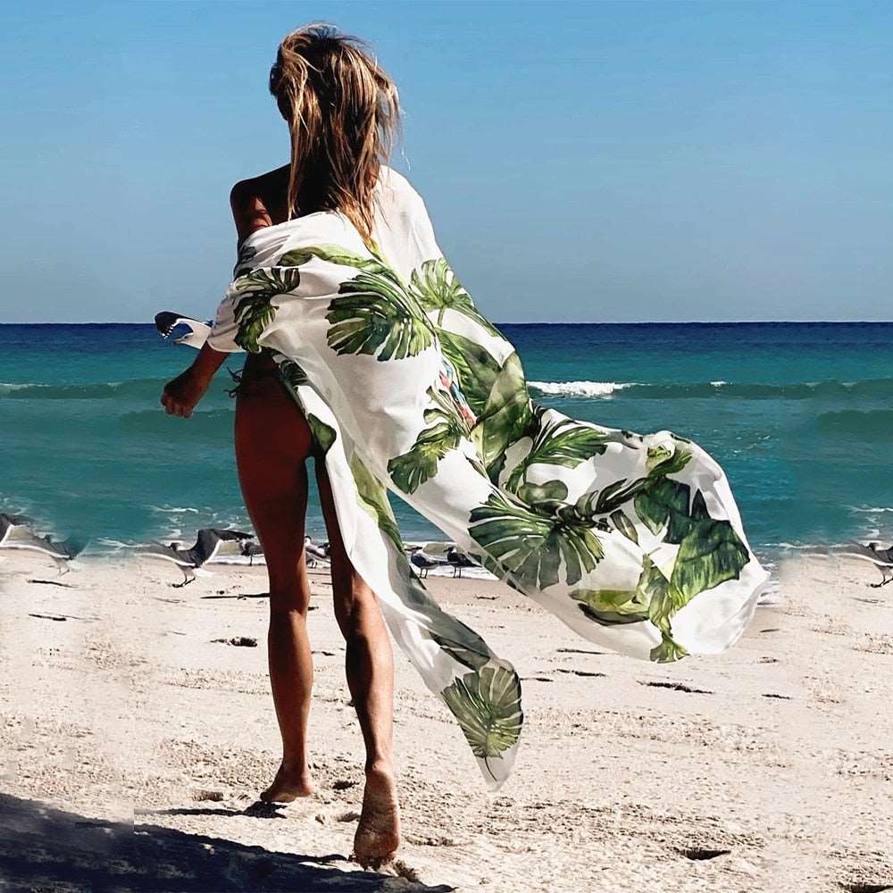 2023 Leaves Print Bikini Beach Cover up Tunics for Beach Long Kaftan Bikini Cover up Robe de Plage Sarong Beach Swimsuit cover-ups TZ21304W20 One Size