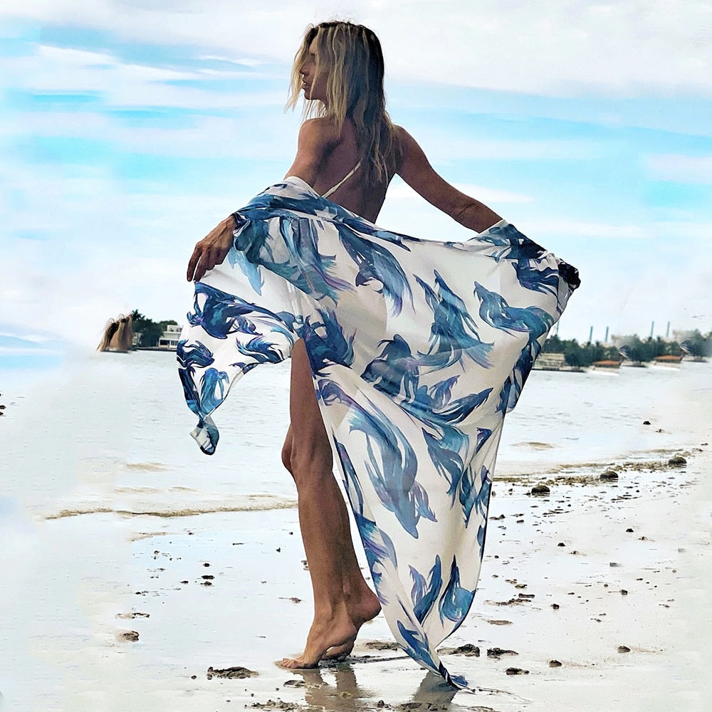 2023 Leaves Print Bikini Beach Cover up Tunics for Beach Long Kaftan Bikini Cover up Robe de Plage Sarong Beach Swimsuit cover-ups TZ21304W10 One Size