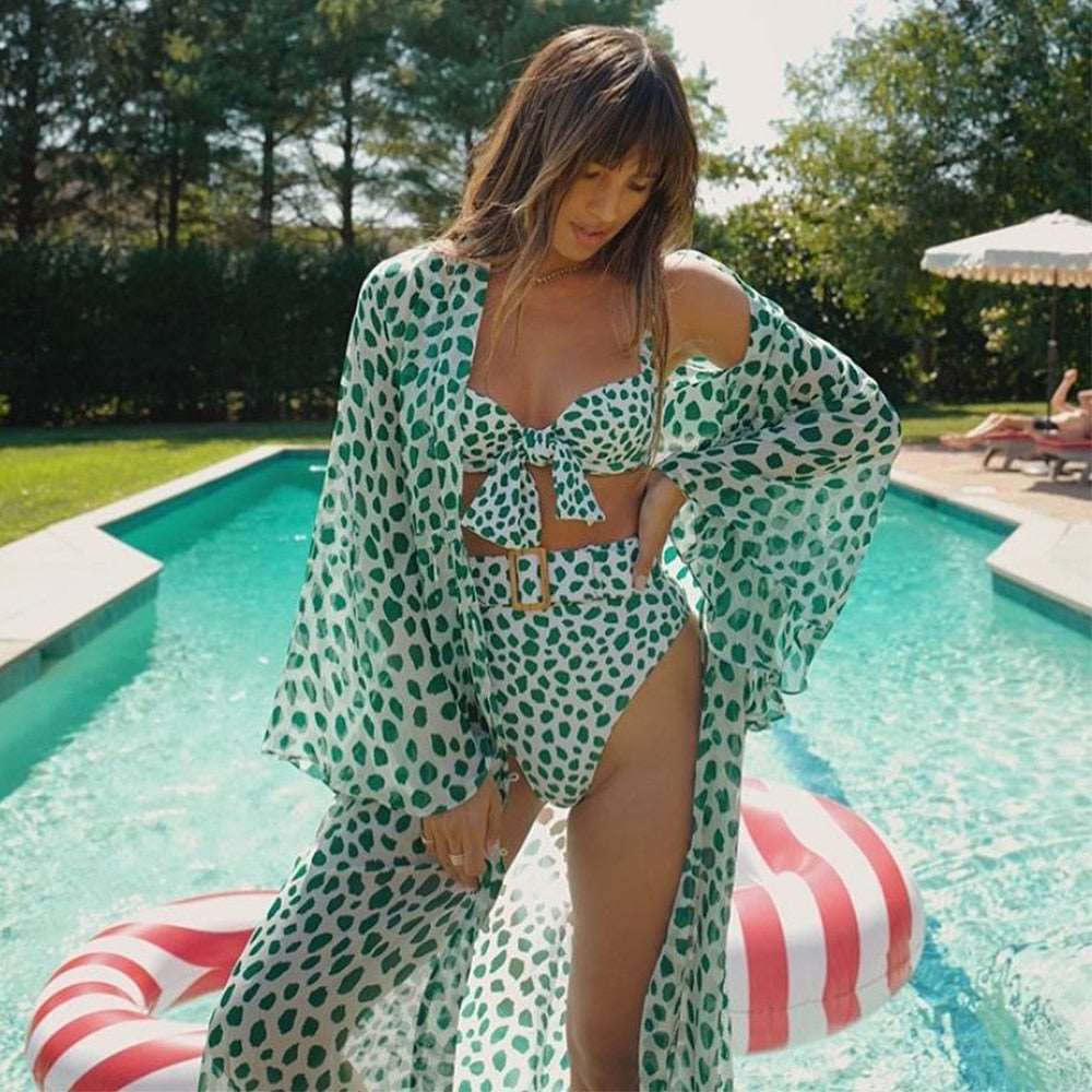 2023 Leaves Print Bikini Beach Cover up Tunics for Beach Long Kaftan Bikini Cover up Robe de Plage Sarong Beach Swimsuit cover-ups TZ21133G10 One Size