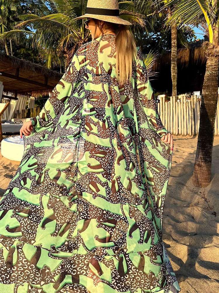 2023 Leaves Print Bikini Beach Cover up Tunics for Beach Long Kaftan Bikini Cover up Robe de Plage Sarong Beach Swimsuit cover-ups TZ21133G30 One Size