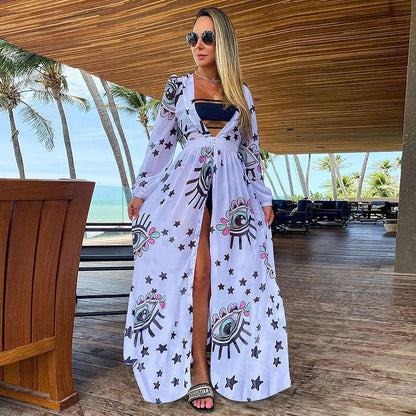 2023 Leaves Print Bikini Beach Cover up Tunics for Beach Long Kaftan Bikini Cover up Robe de Plage Sarong Beach Swimsuit cover-ups TZ21133W50 One Size