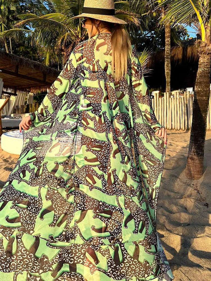 2023 Leaves Print Bikini Beach Cover up Tunics for Beach Long Kaftan Bikini Cover up Robe de Plage Sarong Beach Swimsuit cover-ups