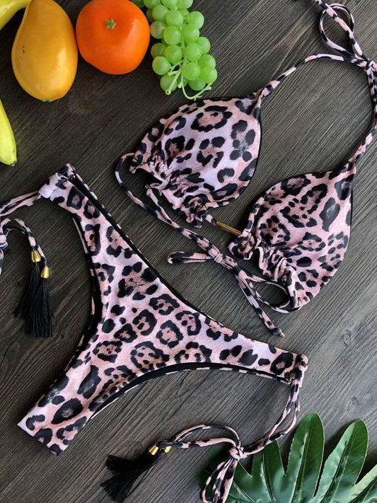 2023 New Ruffle Bikinis Women Swimsuit Cross Bandage Swimwear Push Up Bikini Set Beach Bathing Suit Brazilian Biquni Print Leopard