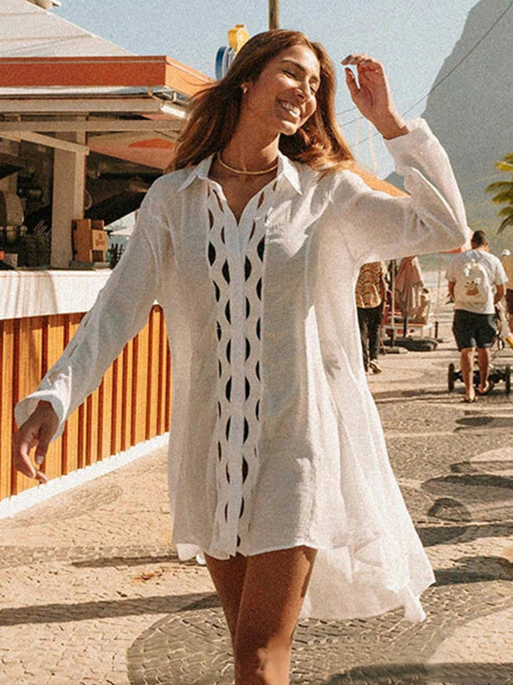 2023 New Women Beach Dress Solid Black White Lace Beachwear Sun Protection Clothes Knitted Swimsuits Women Beach Cover Up Summer VE23015W10 One Size
