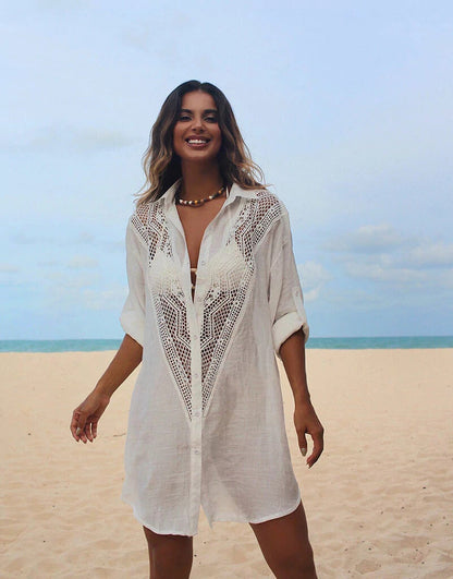 2023 New Women Beach Dress Solid Black White Lace Beachwear Sun Protection Clothes Knitted Swimsuits Women Beach Cover Up Summer