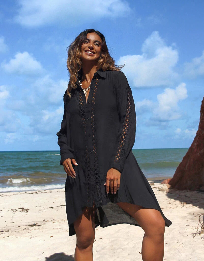 2023 New Women Beach Dress Solid Black White Lace Beachwear Sun Protection Clothes Knitted Swimsuits Women Beach Cover Up Summer