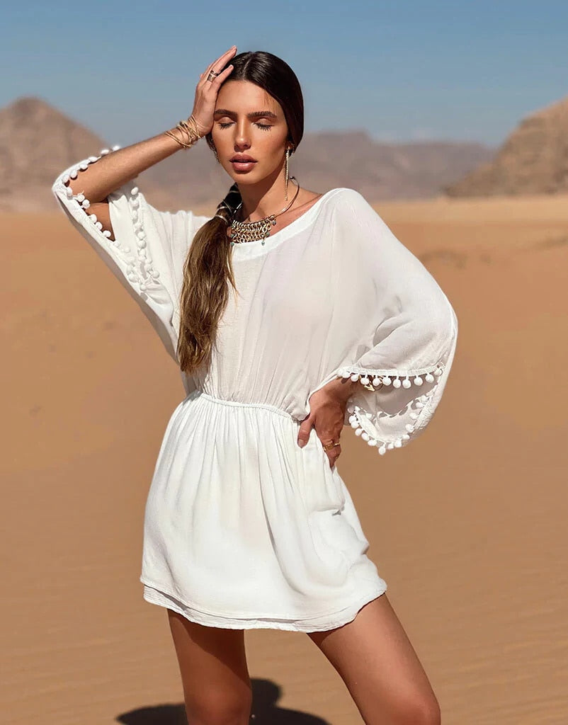 2023 New Women Beach Dress Solid White Tassel Beachwear Sun Protection Clothes Strapless Swimsuits Women Beach Cover Up Summer