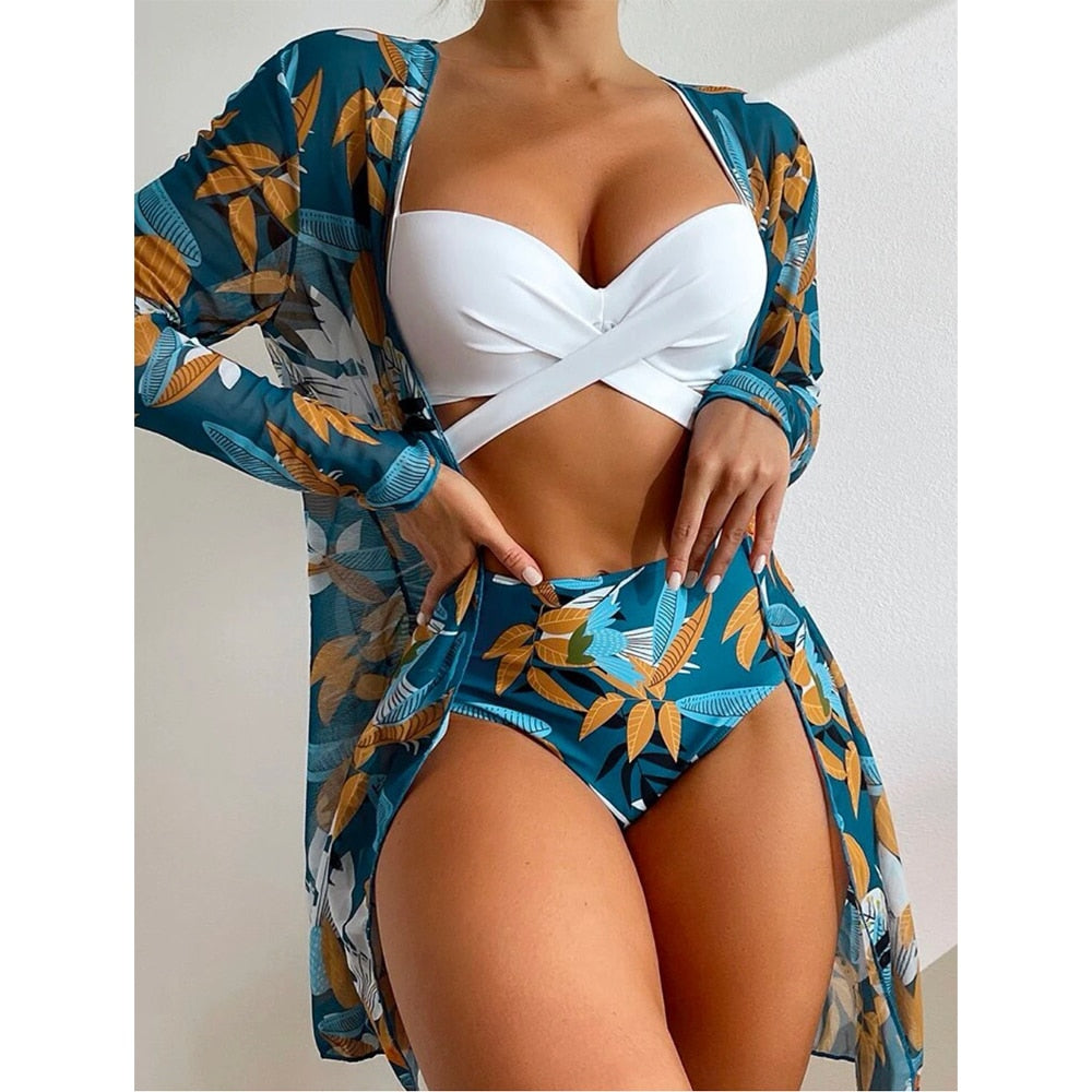 2023 Sexy Bikinis And Cover Set Women Swimsuit Printed Swimwear High Waist Summer Strappy Bathing Suit Beach Wear Biquini Female 3