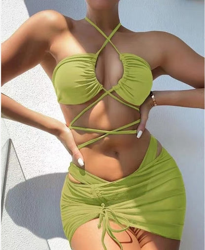 2023 Sexy Halter Hollow Cross Bikinis Set Swimsuit Women's New Solid Two-Piece Swimwear Summer Beachwear Woman Bath Bathing Suit Dark Green