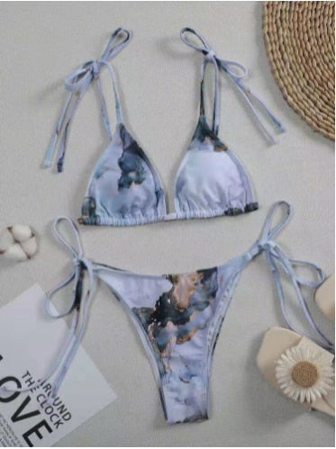 2023 Sexy High Waist Bikini Print Swimsuit Women Swimwear Push Up Set Brazilian Bathing Suit Summer Beach Wear Swimming Biquine 6384 Blue