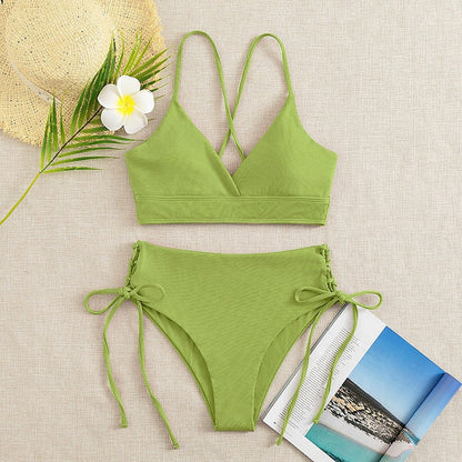2023 Sexy Women High Waist Bikinis 2 Piece Swimsuit Bandeau Swimwear Female Thong Brazilian Biquini Push Up Bikini Set Bathing Suit Green
