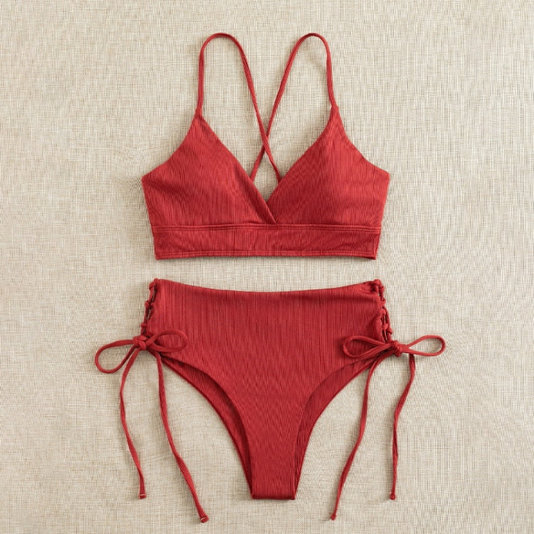 2023 Sexy Women High Waist Bikinis 2 Piece Swimsuit Bandeau Swimwear Female Thong Brazilian Biquini Push Up Bikini Set Bathing Suit Red