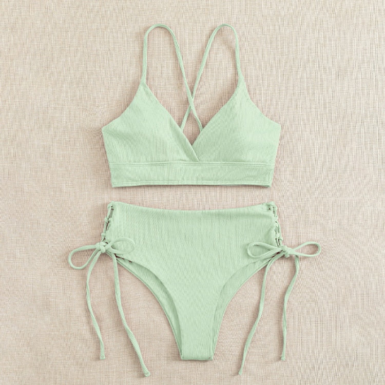 2023 Sexy Women High Waist Bikinis 2 Piece Swimsuit Bandeau Swimwear Female Thong Brazilian Biquini Push Up Bikini Set Bathing Suit Light Green