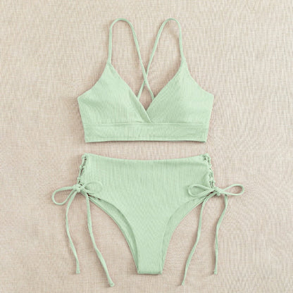 2023 Sexy Women High Waist Bikinis 2 Piece Swimsuit Bandeau Swimwear Female Thong Brazilian Biquini Push Up Bikini Set Bathing Suit Light Green