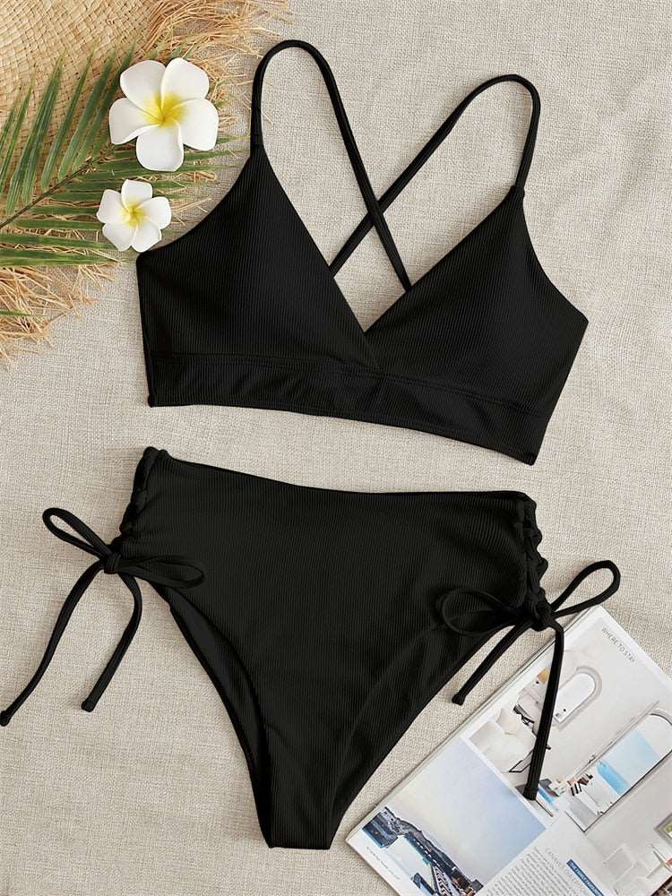 2023 Sexy Women High Waist Bikinis 2 Piece Swimsuit Bandeau Swimwear Female Thong Brazilian Biquini Push Up Bikini Set Bathing Suit Black