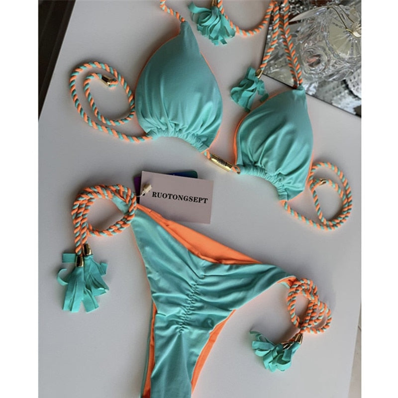 2023 Special Fabric Hand Woven Rope Swimwear Women Brazilian Bikini Set Sexy Thong Swimsuit Two Pieces Bathing Suit 8230