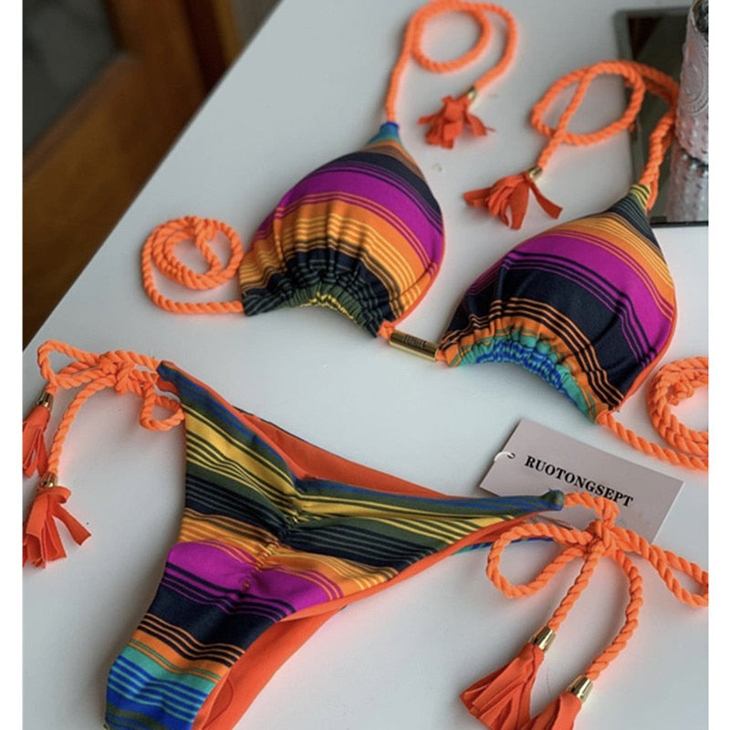 2023 Special Fabric Hand Woven Rope Swimwear Women Brazilian Bikini Set Sexy Thong Swimsuit Two Pieces Bathing Suit 8247