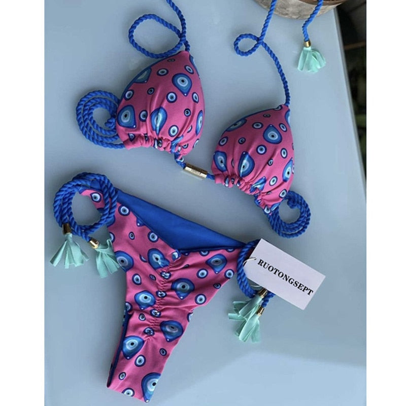 2023 Special Fabric Hand Woven Rope Swimwear Women Brazilian Bikini Set Sexy Thong Swimsuit Two Pieces Bathing Suit 8243