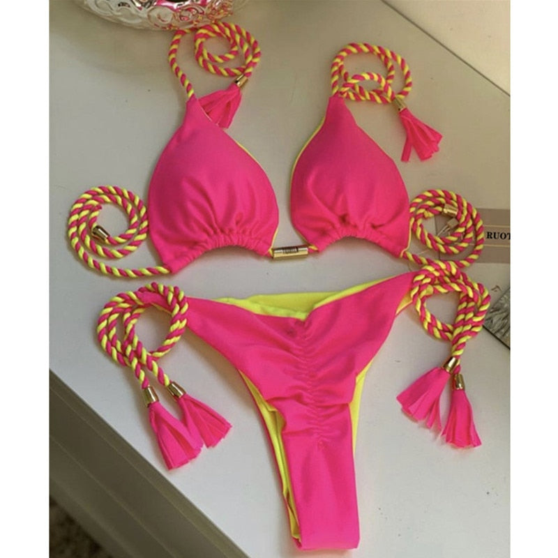 2023 Special Fabric Hand Woven Rope Swimwear Women Brazilian Bikini Set Sexy Thong Swimsuit Two Pieces Bathing Suit 8244 L