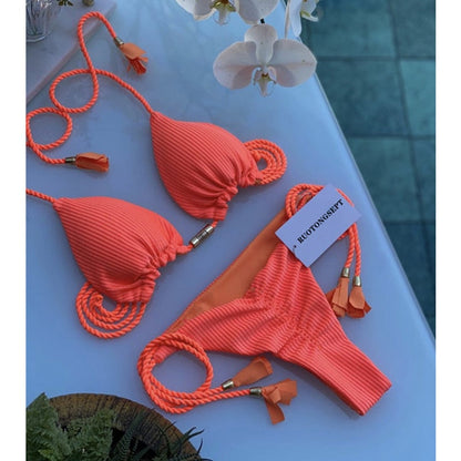 2023 Special Fabric Hand Woven Rope Swimwear Women Brazilian Bikini Set Sexy Thong Swimsuit Two Pieces Bathing Suit 8259