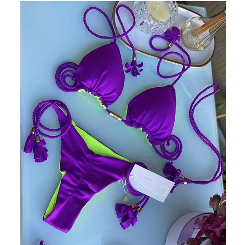 2023 Special Fabric Hand Woven Rope Swimwear Women Brazilian Bikini Set Sexy Thong Swimsuit Two Pieces Bathing Suit 8233