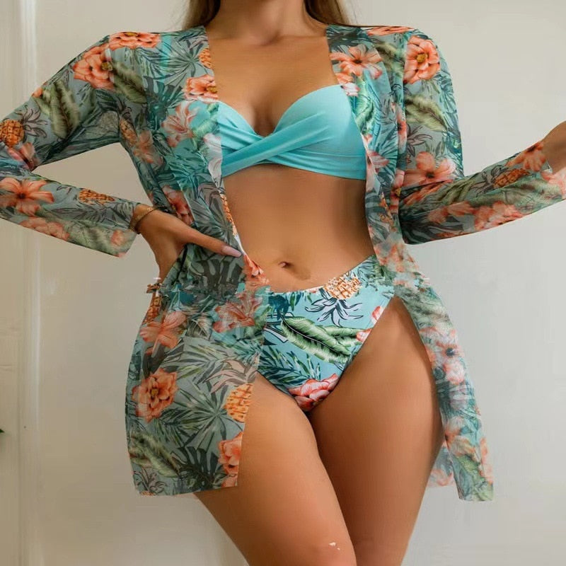 2023 Three Pieces Bikini Set Cover Up Women Sexy New Deep V Neck Swimsuit Print Long Sleeve Swimwear Monokini Bathing Suit Summer Lake Blue